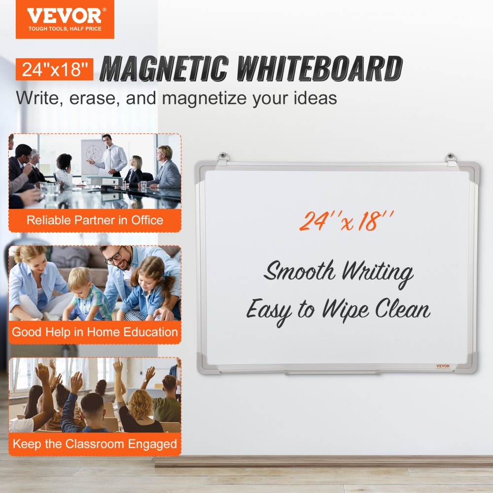 VEVOR Magnetic Whiteboard, 24 x 18 Inches, Dry Erase Board for Wall with Aluminum Frame, White Board Includes 1 Magnetic Erase
